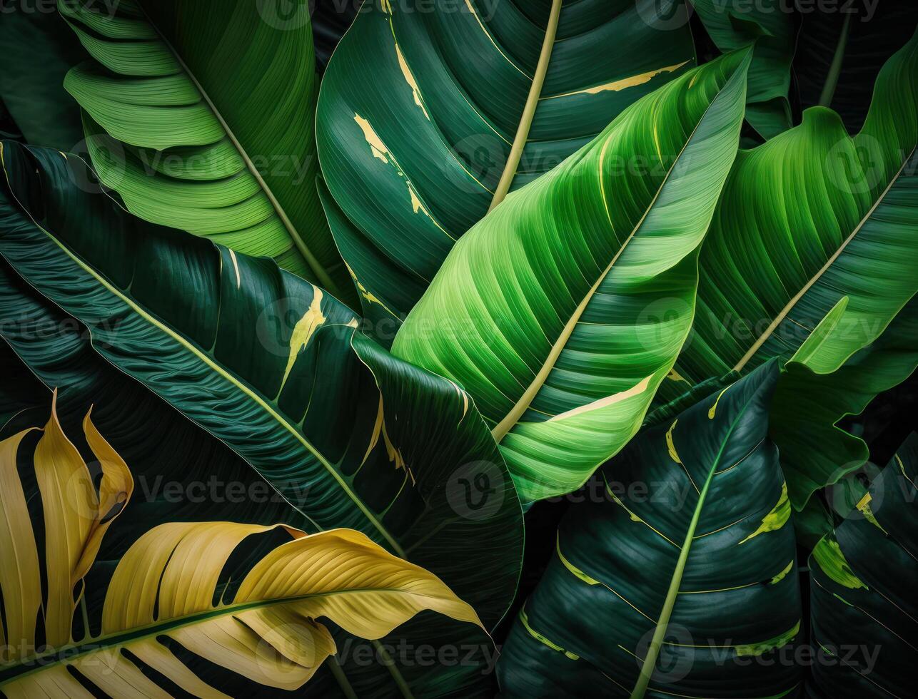 abstrait vert tropical banane et monstera feuilles Contexte établi avec génératif ai La technologie photo