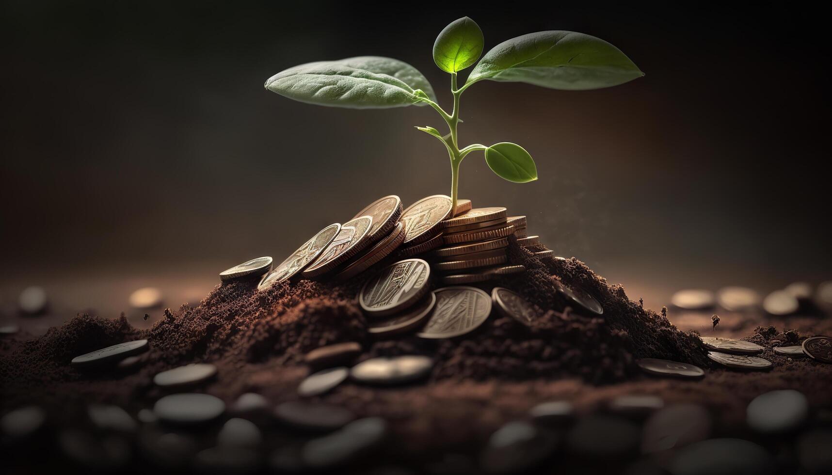 croissance argent - plante sur pièces de monnaie - la finance et investissement concept. génératif ai photo