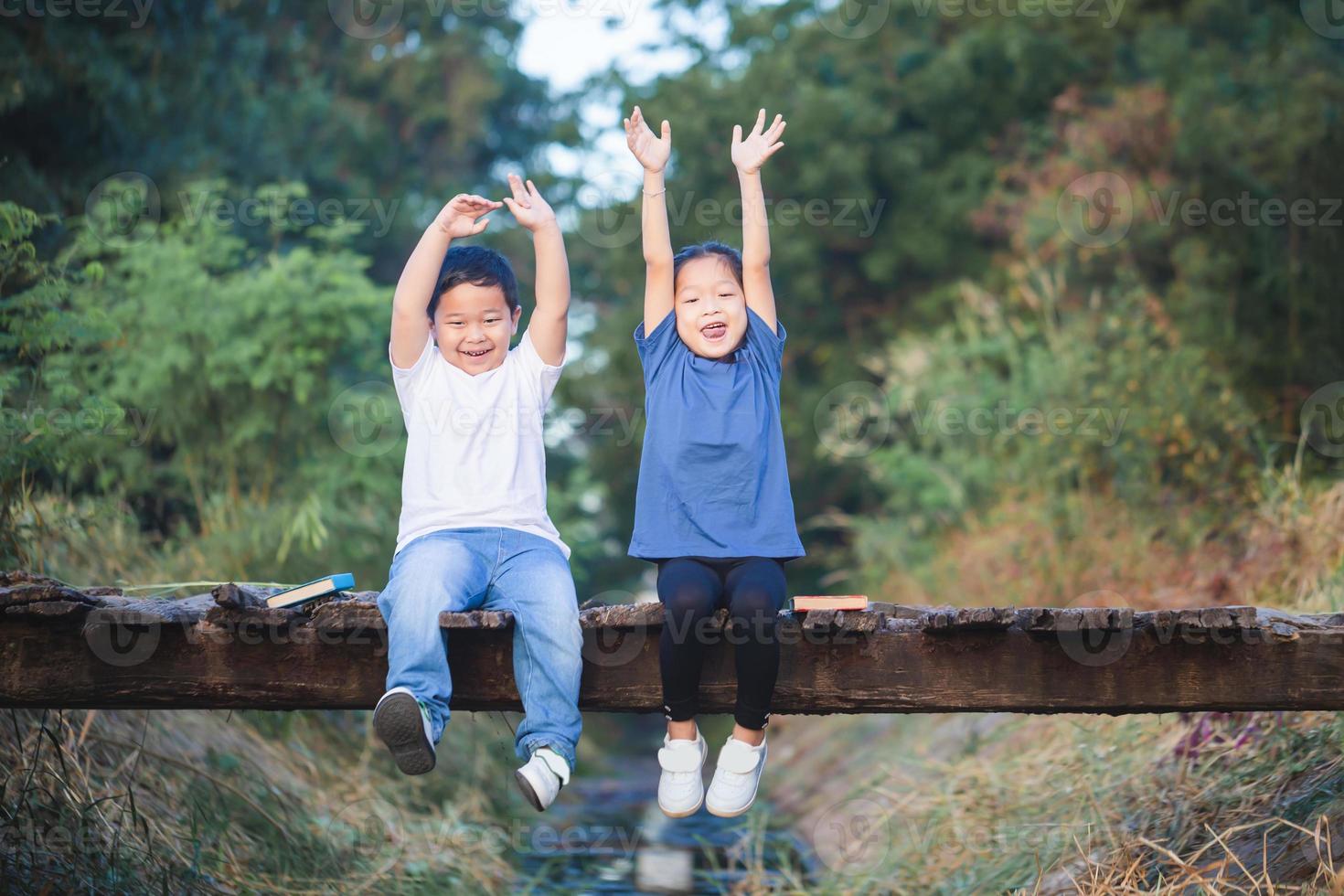 de bonne humeur les enfants séance sur en bois pont, content des gamins garçon et fille ayant amusement Extérieur, frère et sœur en jouant dans jardin photo