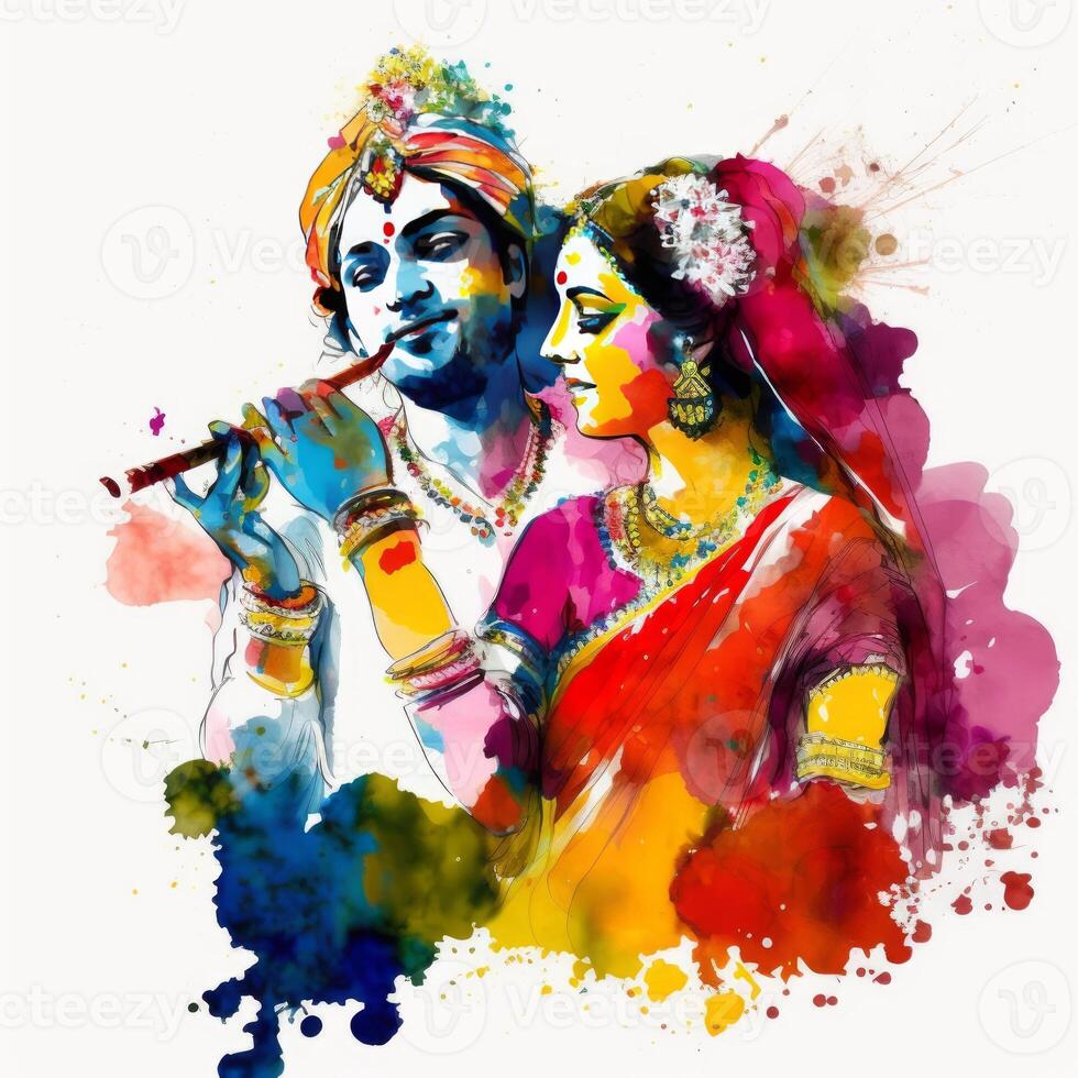 krishna radha Holi coloré sur blanc Contexte La peinture génératif ai photo