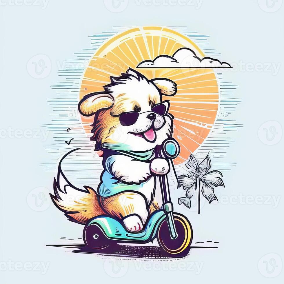 logo bébé chien monte une scooter sur le route sur blanc Contexte génératif ai photo