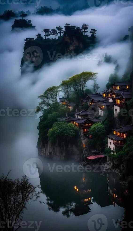 magnifique printemps jiangnan falaise village entouré par brouillard génératif ai photo