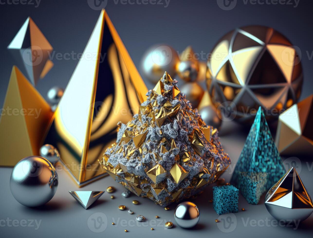 abstrait chaotique géométrique Contexte brillant pyramides et sphères Contexte établi avec génératif ai La technologie photo