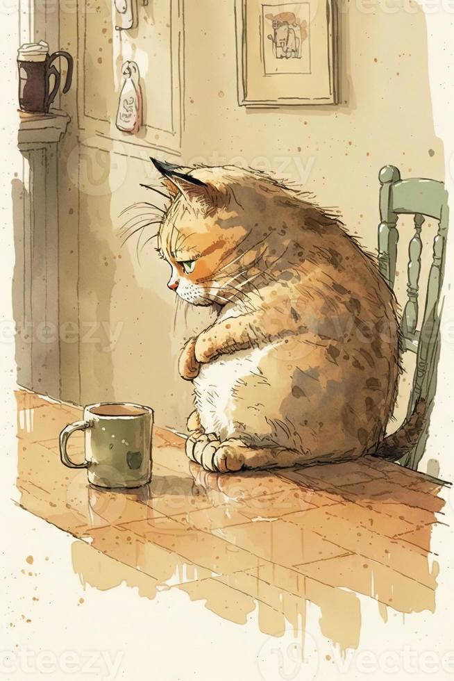 fatigué chat est en buvant café dessin animé style La peinture photo