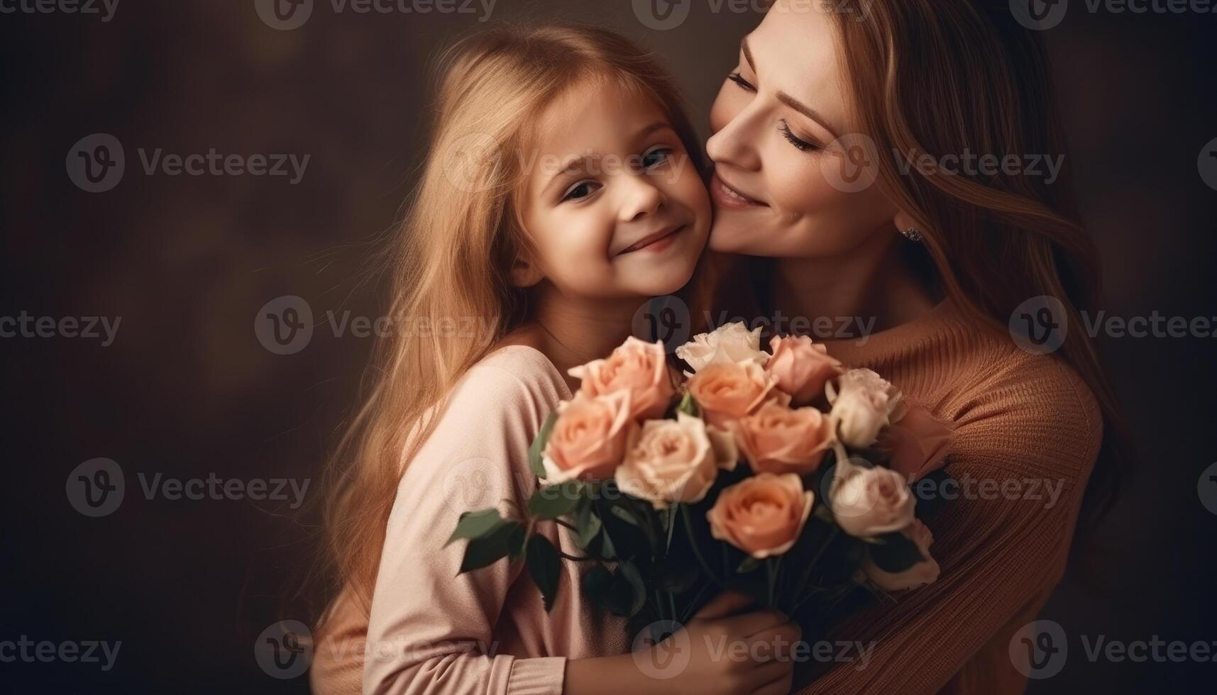 peu fille en portant fleurs, étreindre sa mère et célébrer de la mère journée. génératif ai photo