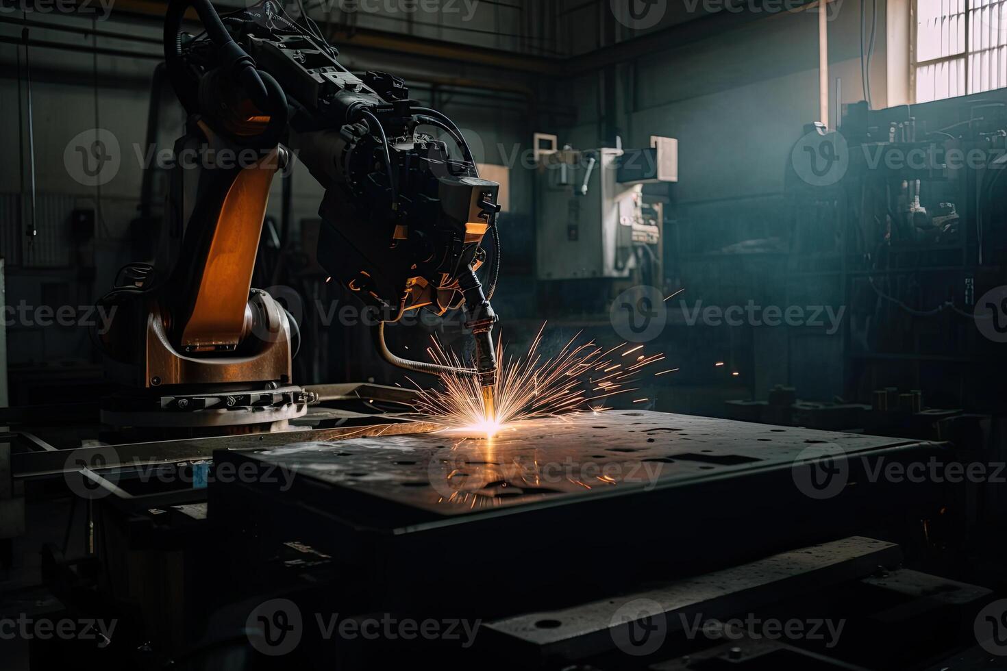 robotique bras travaux sur soudage. convoyeur ligne à usine. génératif ai photo