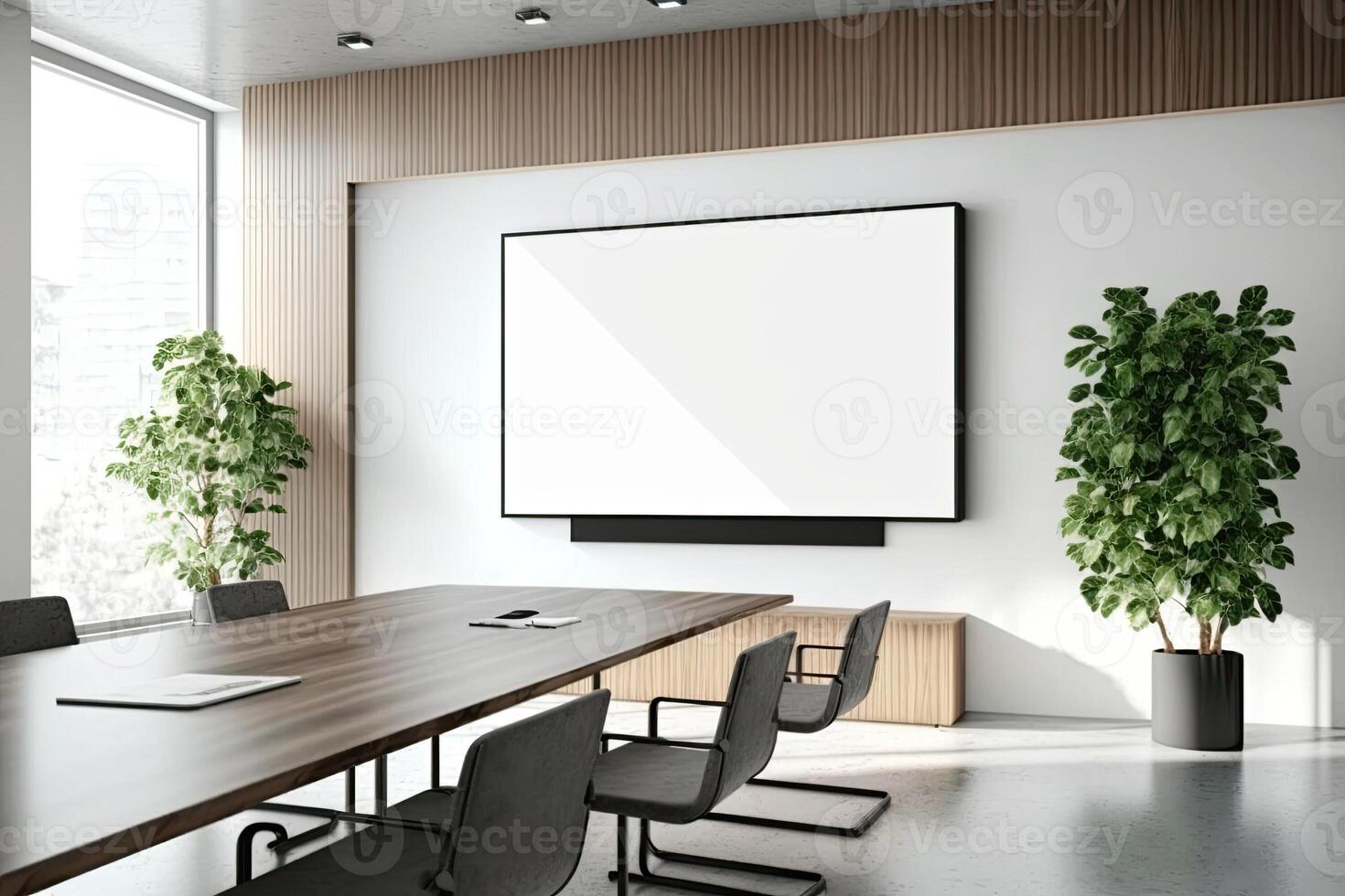 intérieur de moderne Bureau réunion pièce noir et blanc avec en bois meubles conférence table avec noir chaises et moquer en haut fabriqué avec génératif ai photo