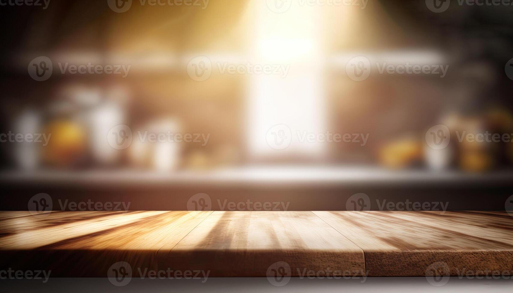 vide en bois table produit vitrine floue cuisine Contexte fabriqué avec génératif ai photo