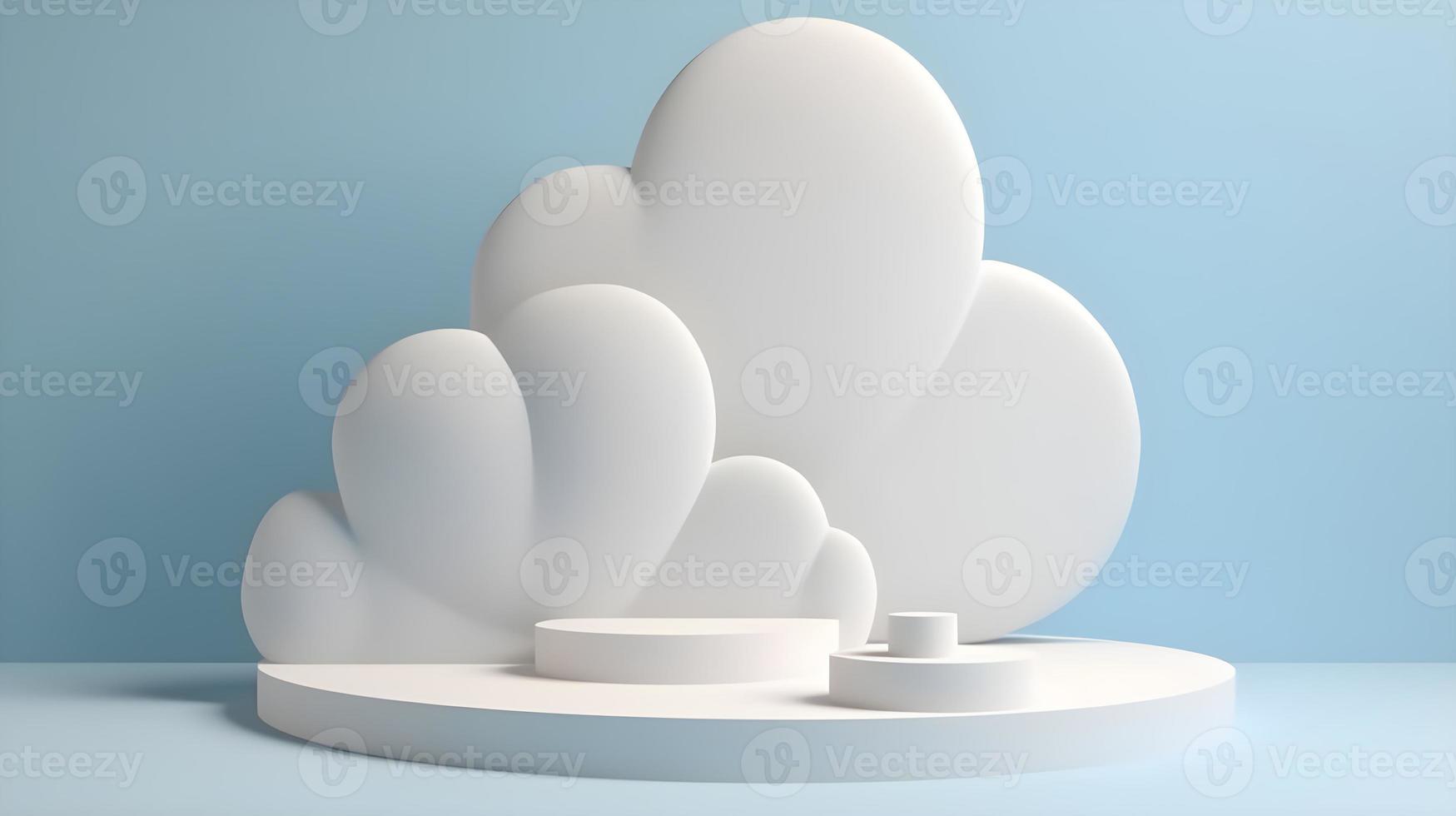 3d blanc piédestal afficher avec nuage formes sur lumière bleu pastel Contexte pour produit promotion dans minimal ciel concept photo