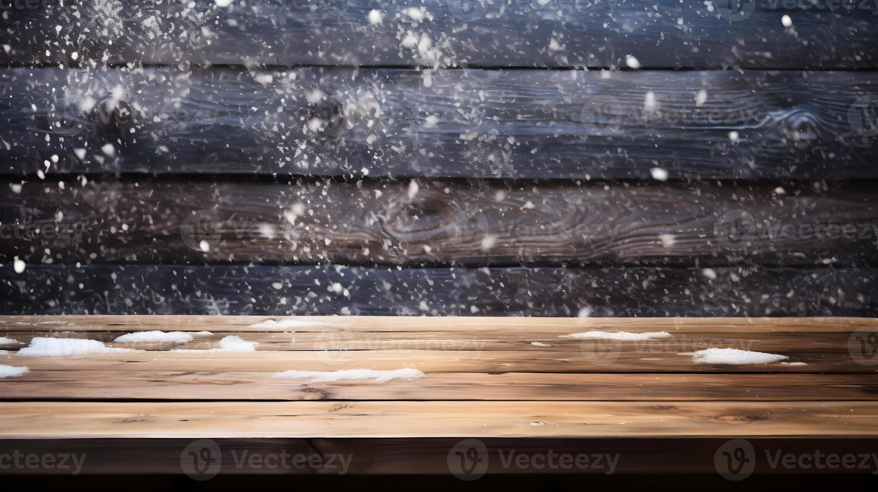 en bois table avec neige texture Contexte pour Noël et hiver vacances photo