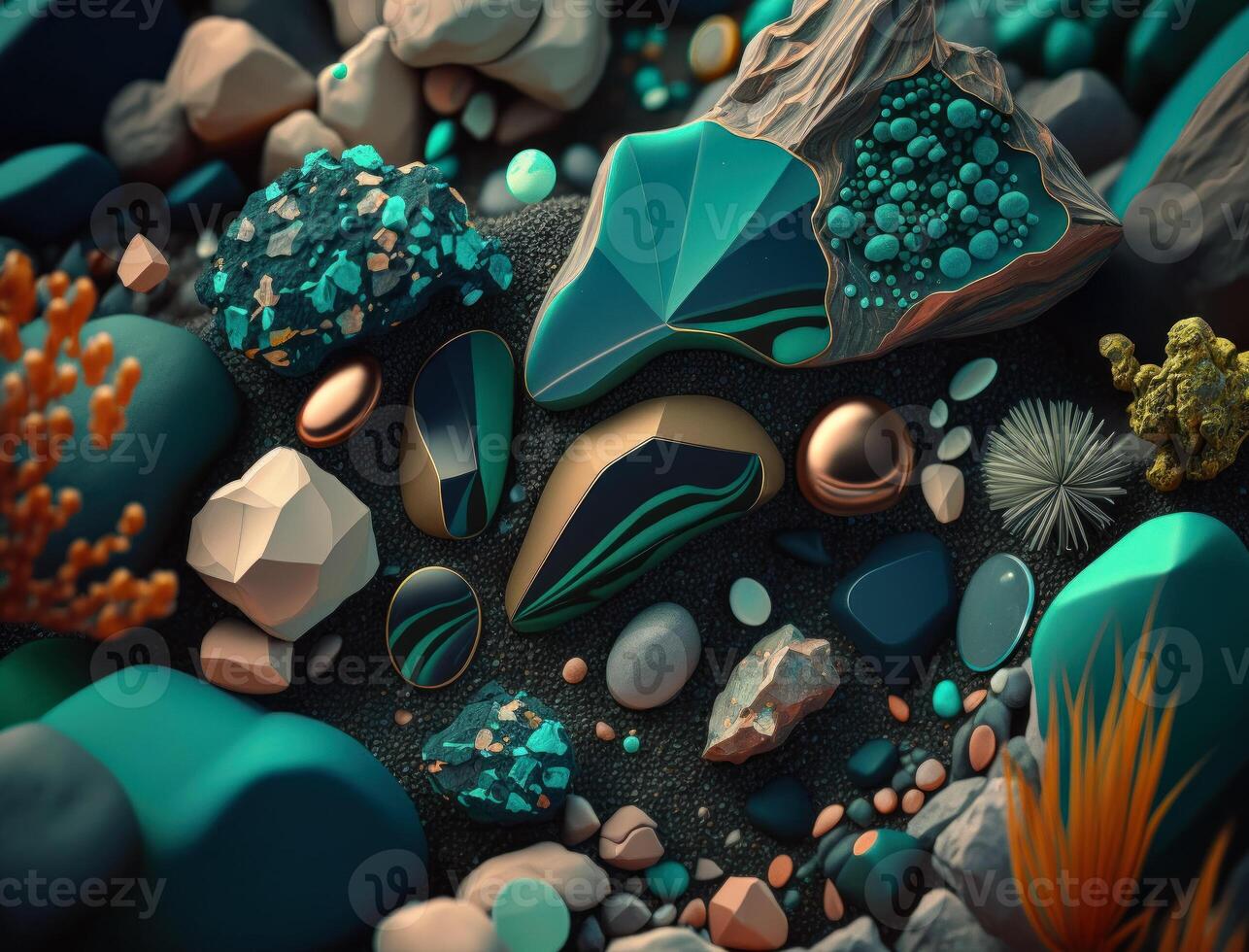 cette abstrait composition de en couches géométrique formes dans corail et malachite couleurs. bas de le mer illustration. établi avec génératif ai La technologie photo