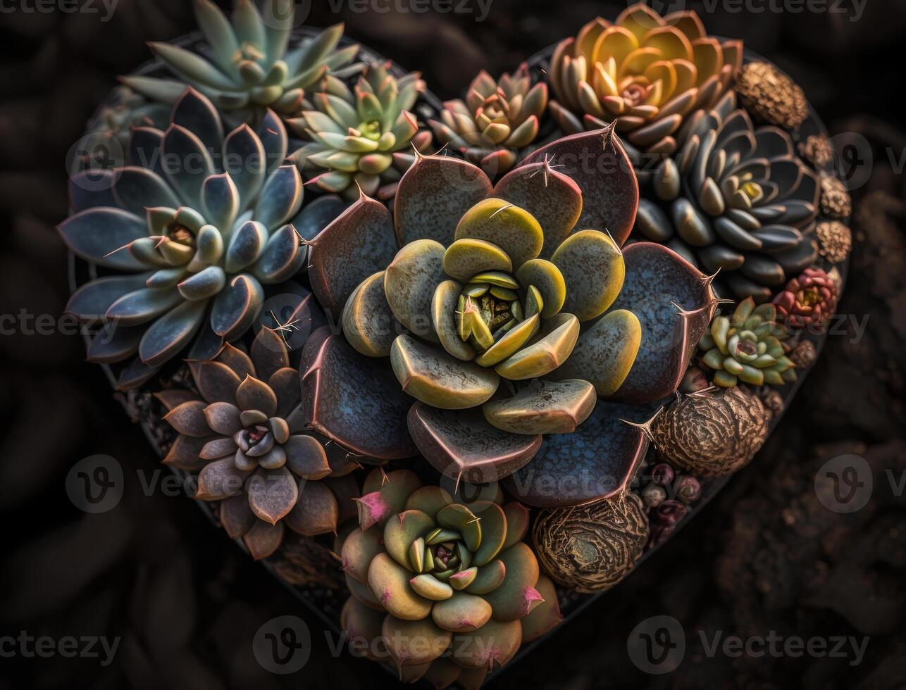 vert cœur fabriqué par divers plantes succulentes environnement protection concept établi avec génératif ai La technologie photo