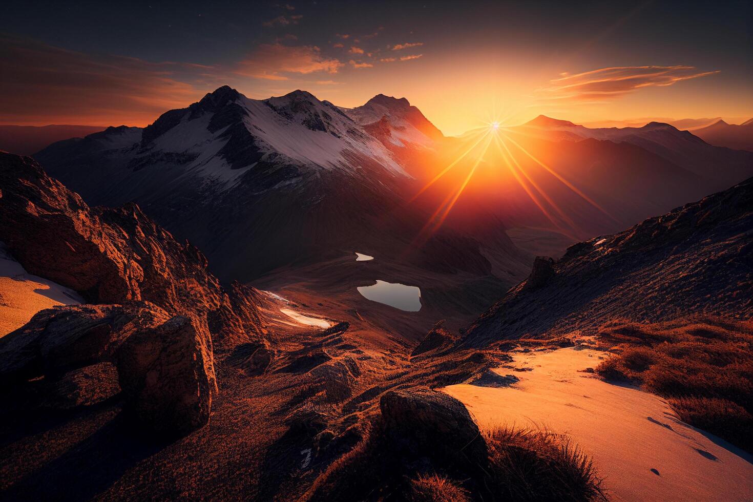 scénique lever du soleil dans le haute montagnes de le Alpes génératif ai photo