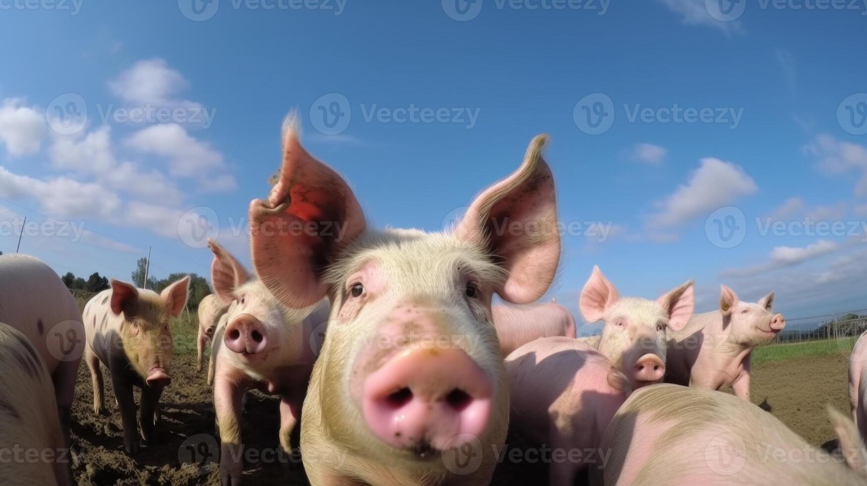 groupe de les cochons dans ferme cour. génératif ai photo