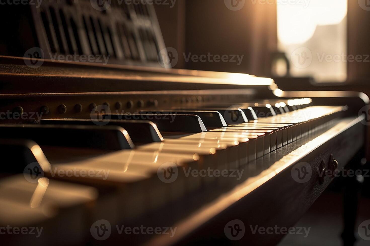 piano clés à d'or lumière coucher de soleil, établi avec génératif ai photo