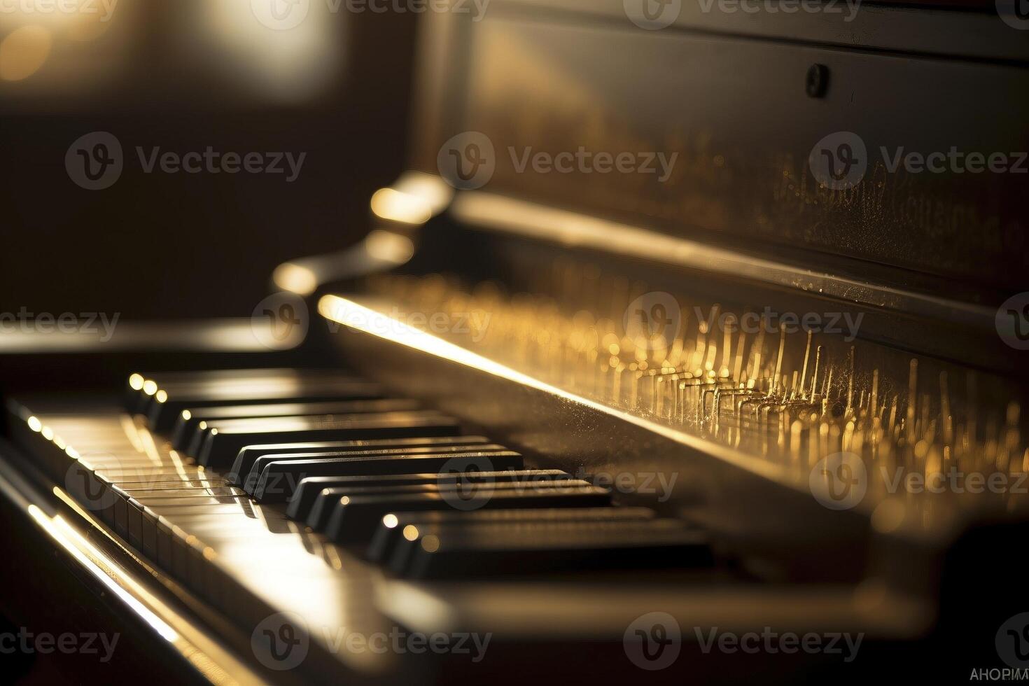 piano clés à d'or lumière coucher de soleil, établi avec génératif ai photo