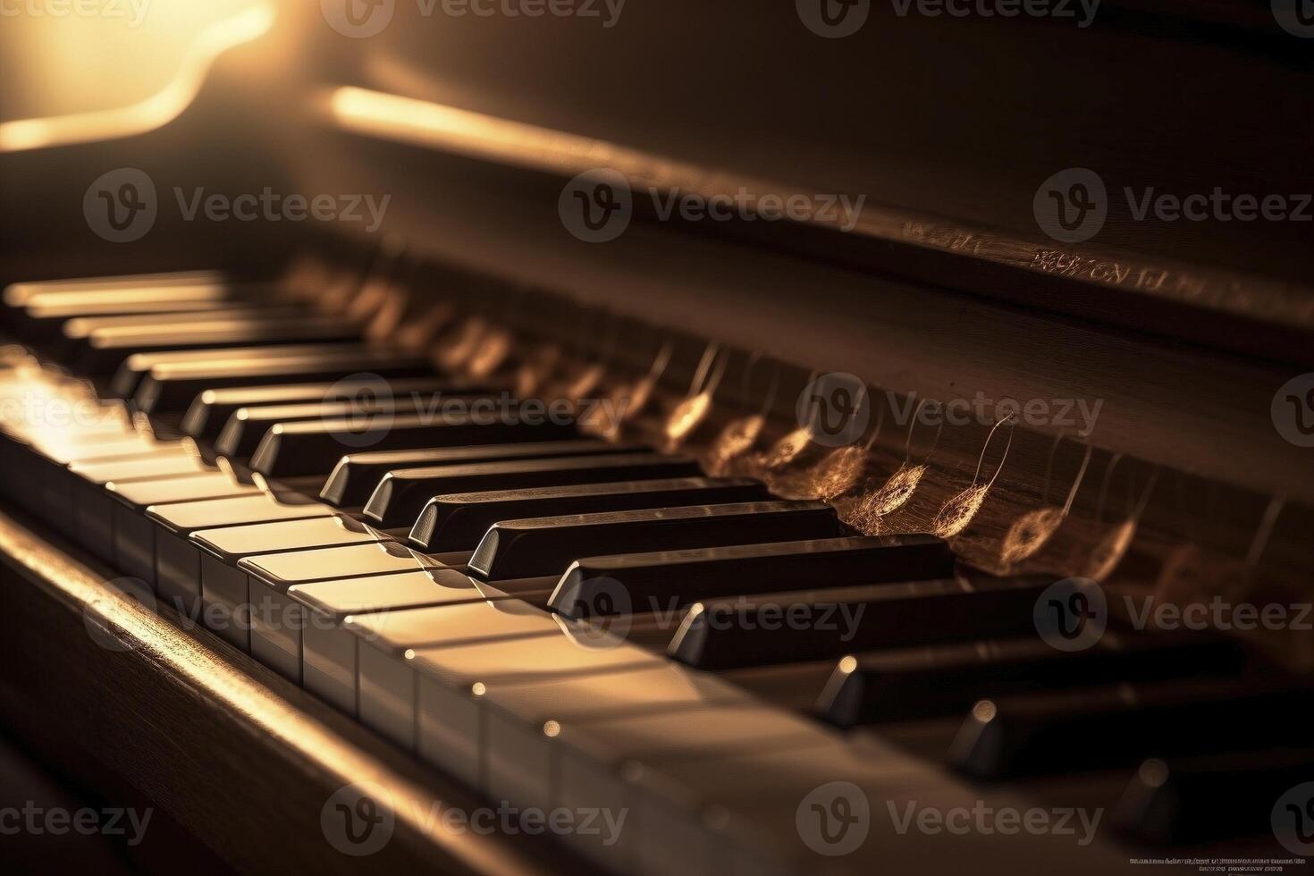 piano clés à d'or lumière coucher de soleil, établi avec génératif ai photo