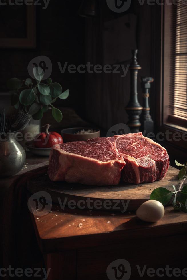 brut du boeuf steak sur Coupe planche avec herbes et épices sur en bois Contexte photo