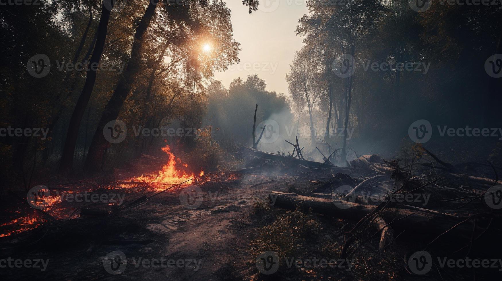 forêt Feu dans le forêt. le concept de catastrophe et écologie, brûlage sec herbe et des arbres dans le forêt photo