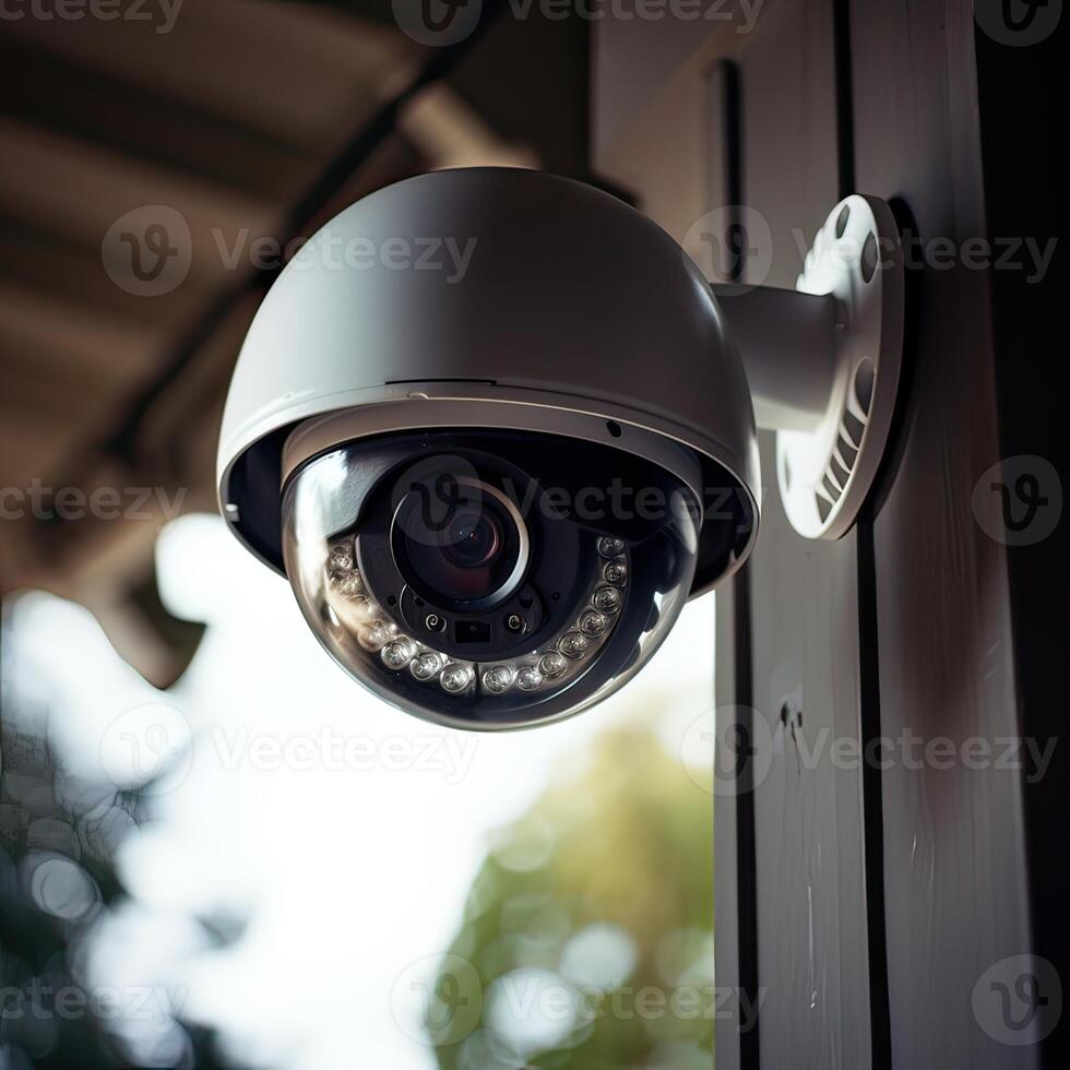 sécurité, vidéosurveillance appareils photo dans le Bureau bâtiment, et Accueil Sécurité système concept avec brouiller Contexte. Extérieur vidéosurveillance Sécurité caméra installée sur le bâtiment mur dans le ville. génératif ai