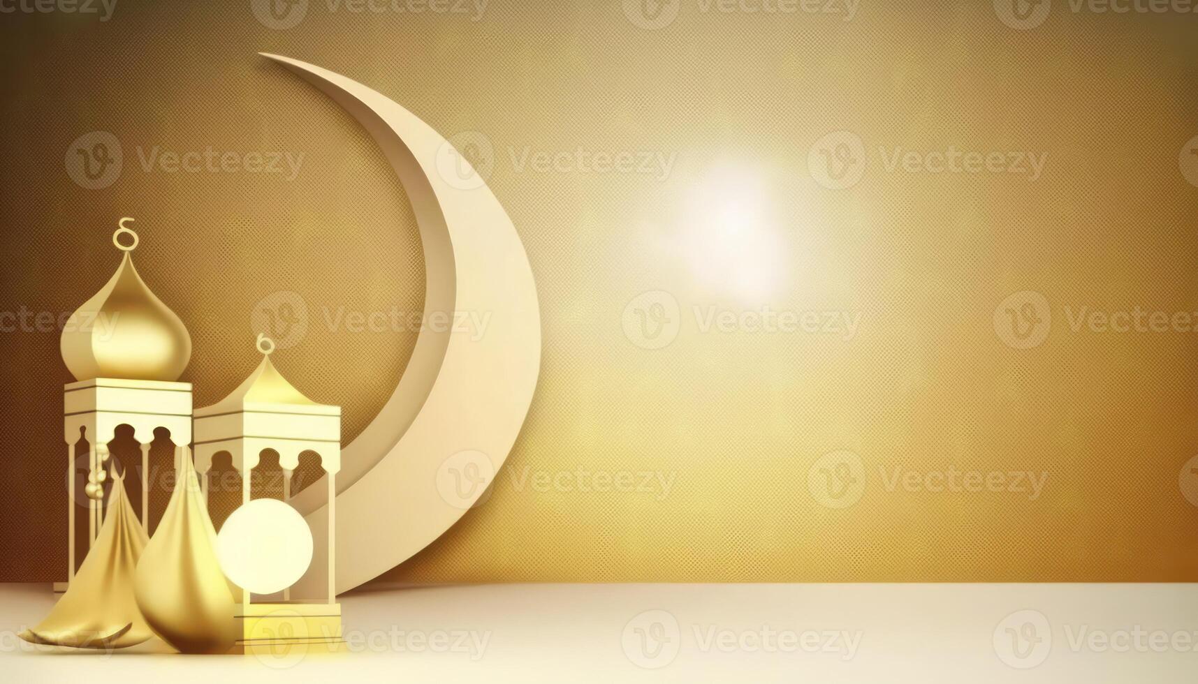 Ramadan salutation bannière avec d'or Jaune Contexte ai généré photo