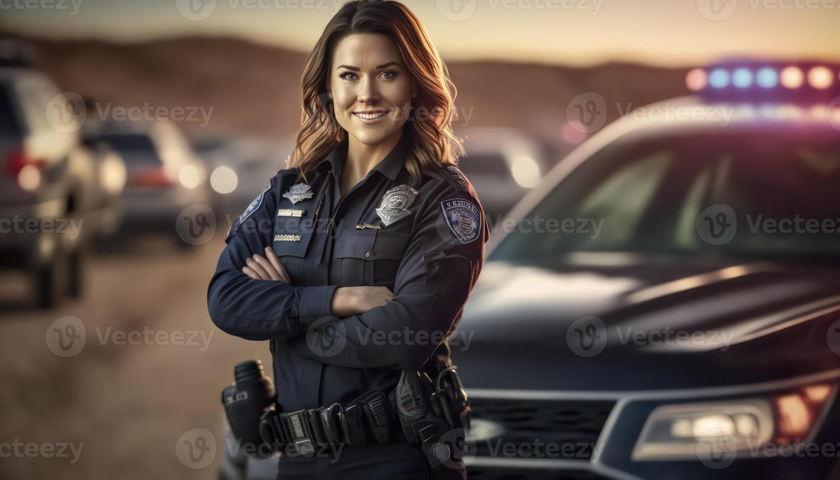 une magnifique souriant Jeune femelle police à côté de de une floue circulation lumière et police voiture Contexte ai généré photo