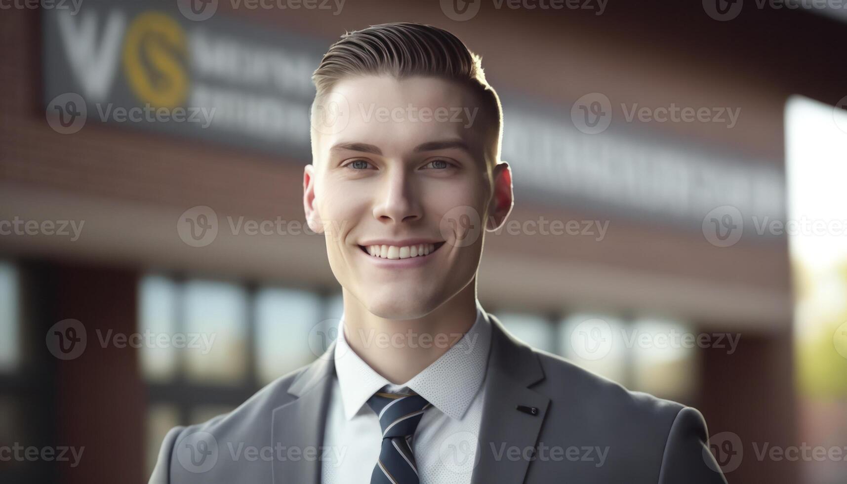 une magnifique souriant Jeune Masculin prof dans de face de une floue école Contexte ai généré photo