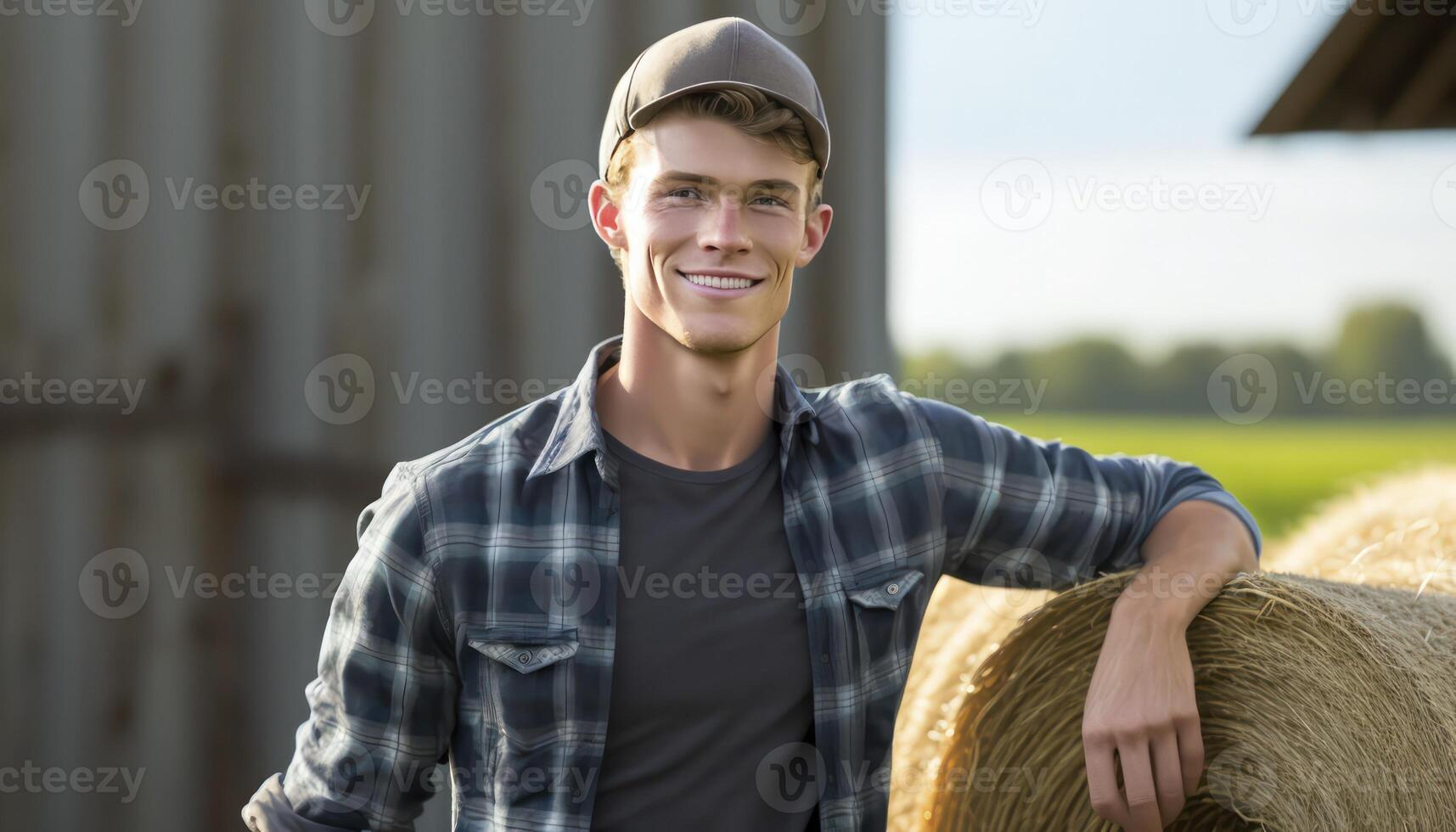 une magnifique souriant Jeune Masculin agriculteur dans de face de une ferme Contexte ai généré photo
