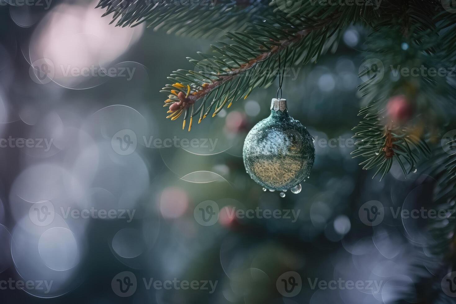 vue de Noël arbre décorations sur une vert conifère arbre avec certains neige et doux bokeh lumières dans le Contexte établi avec génératif ai technologie. photo