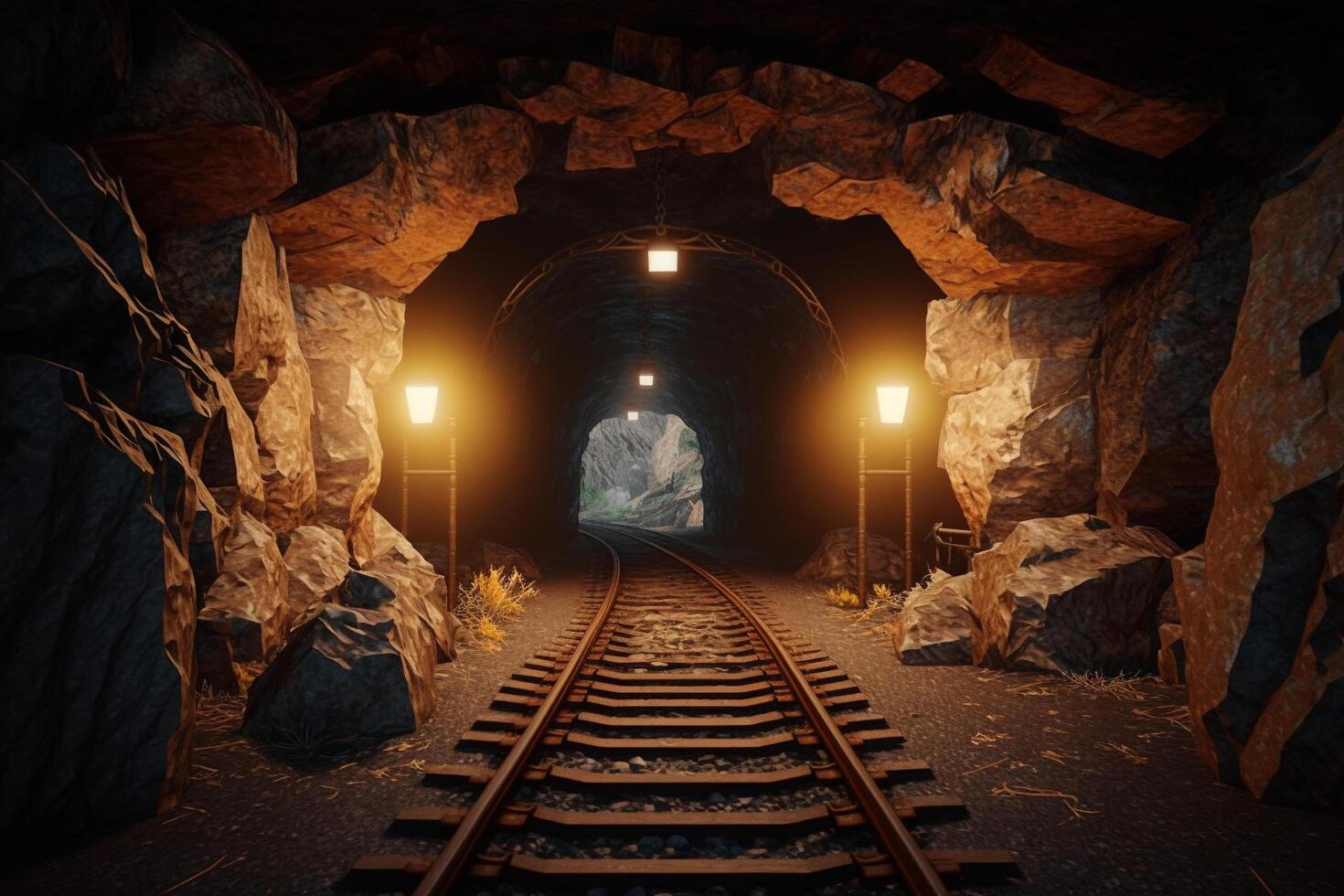 une train Piste à venir en dehors de une foncé tunnel, génératif ai photo