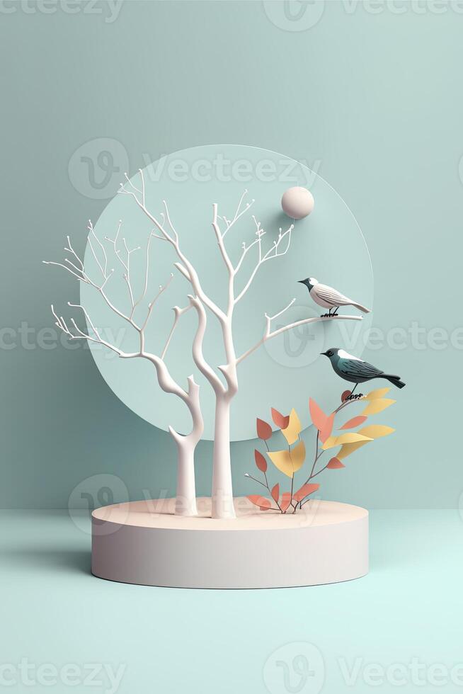 3d minimaliste piédestal avec papier des oiseaux. génératif ai photo