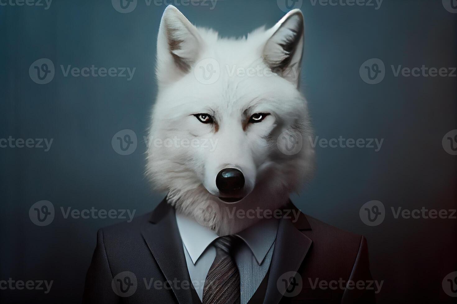 portrait de une blanc Loup habillé dans une formel affaires costume, génératif ai. numérique art illustration photo