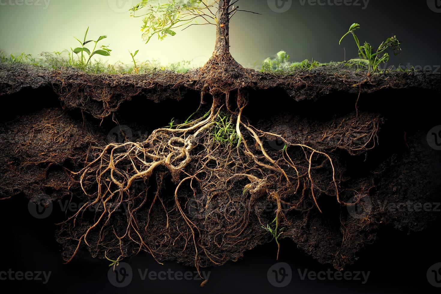 les racines de plante croissance souterrain. génératif ai. numérique art illustration photo