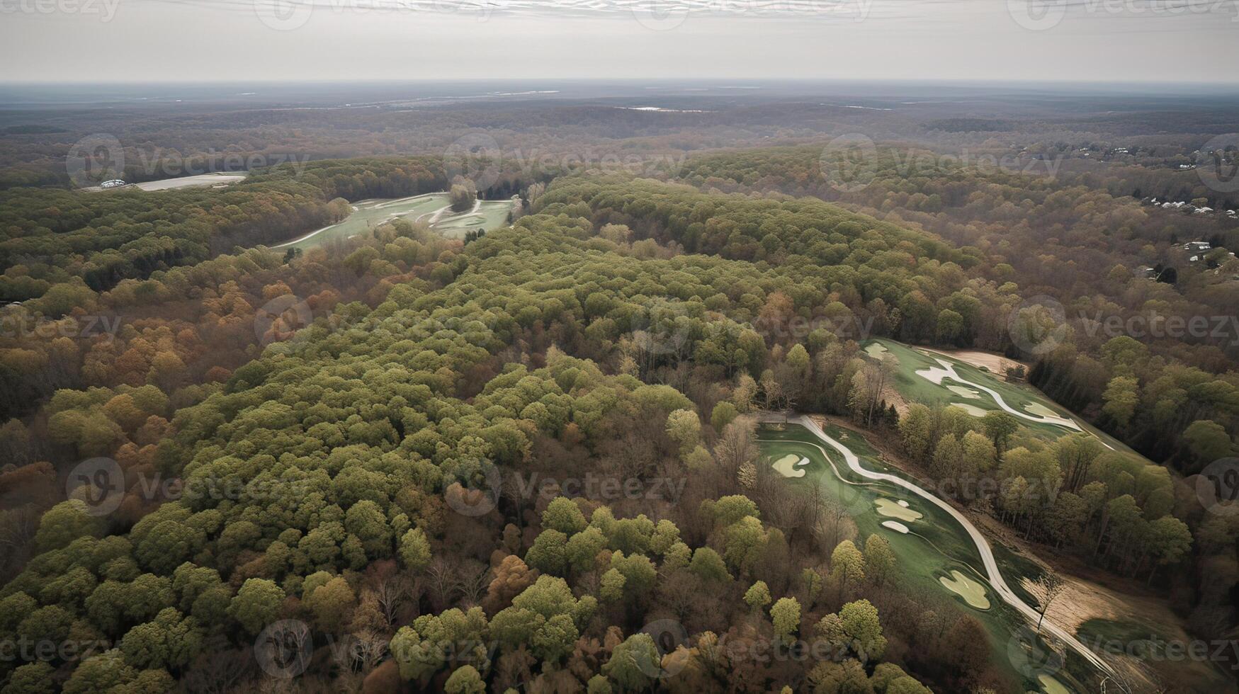 aérien vue de vert herbe et des arbres sur une le golf champ. génératif ai. photo
