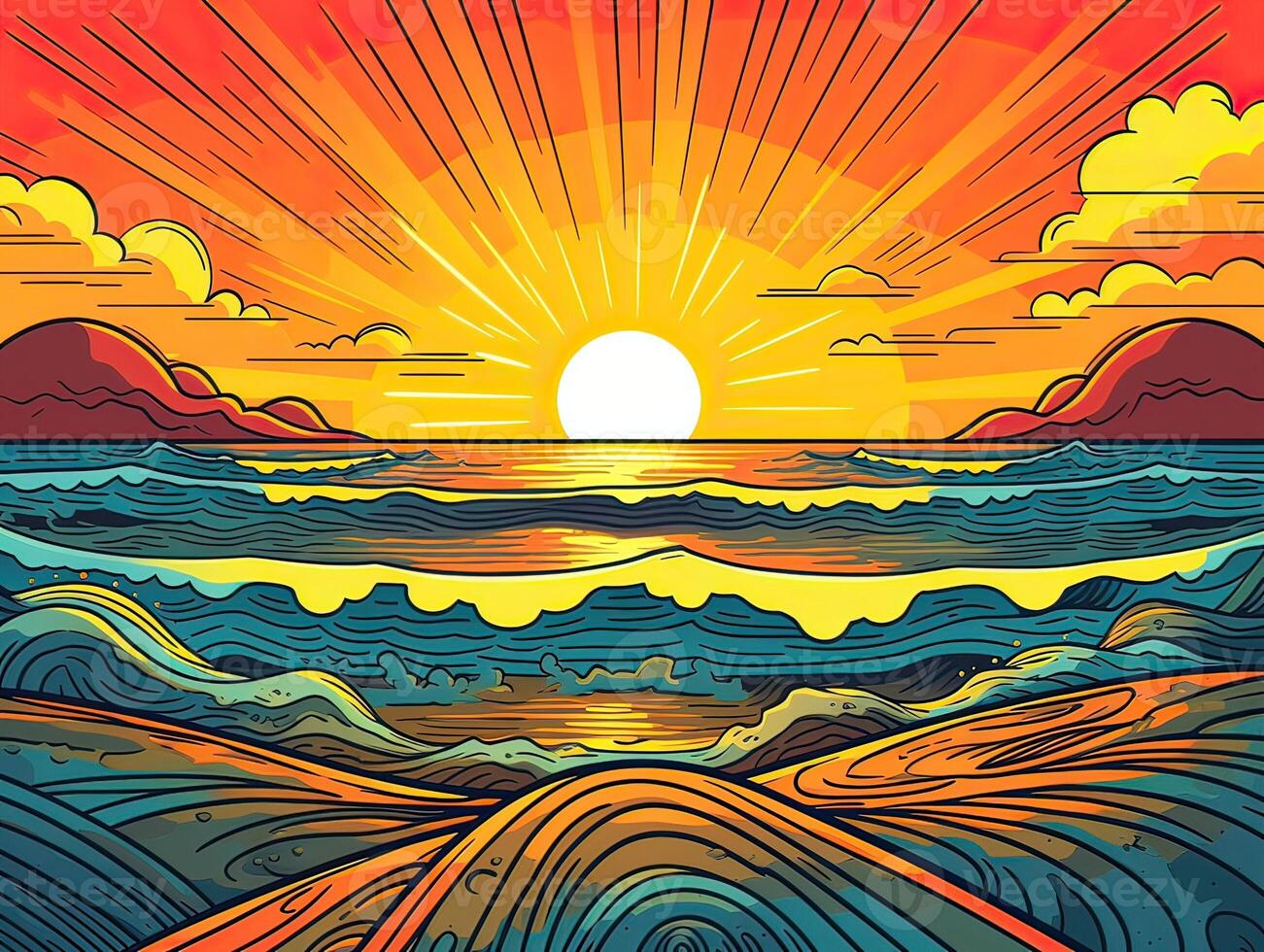 illustration de mer paysage été plage avec palmiers, bateau, horizon à le coucher du soleil. artoon style illustration pour t chemise conception. génératif ai. photo