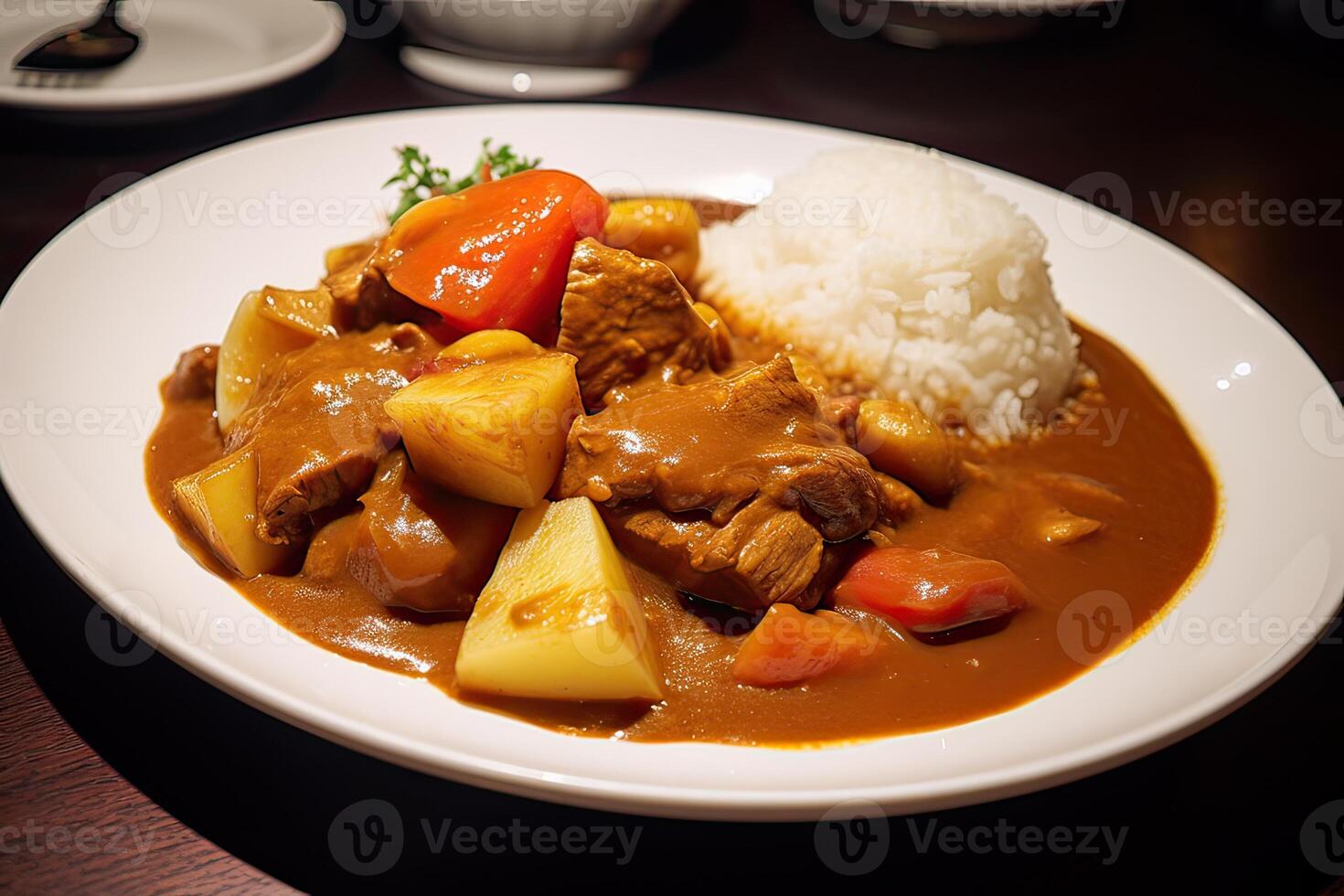 Japonais ordinaire curry riz patates, carottes, oignons et du boeuf dans épicé Jaune curry servi avec à la vapeur riz. génératif ai photo