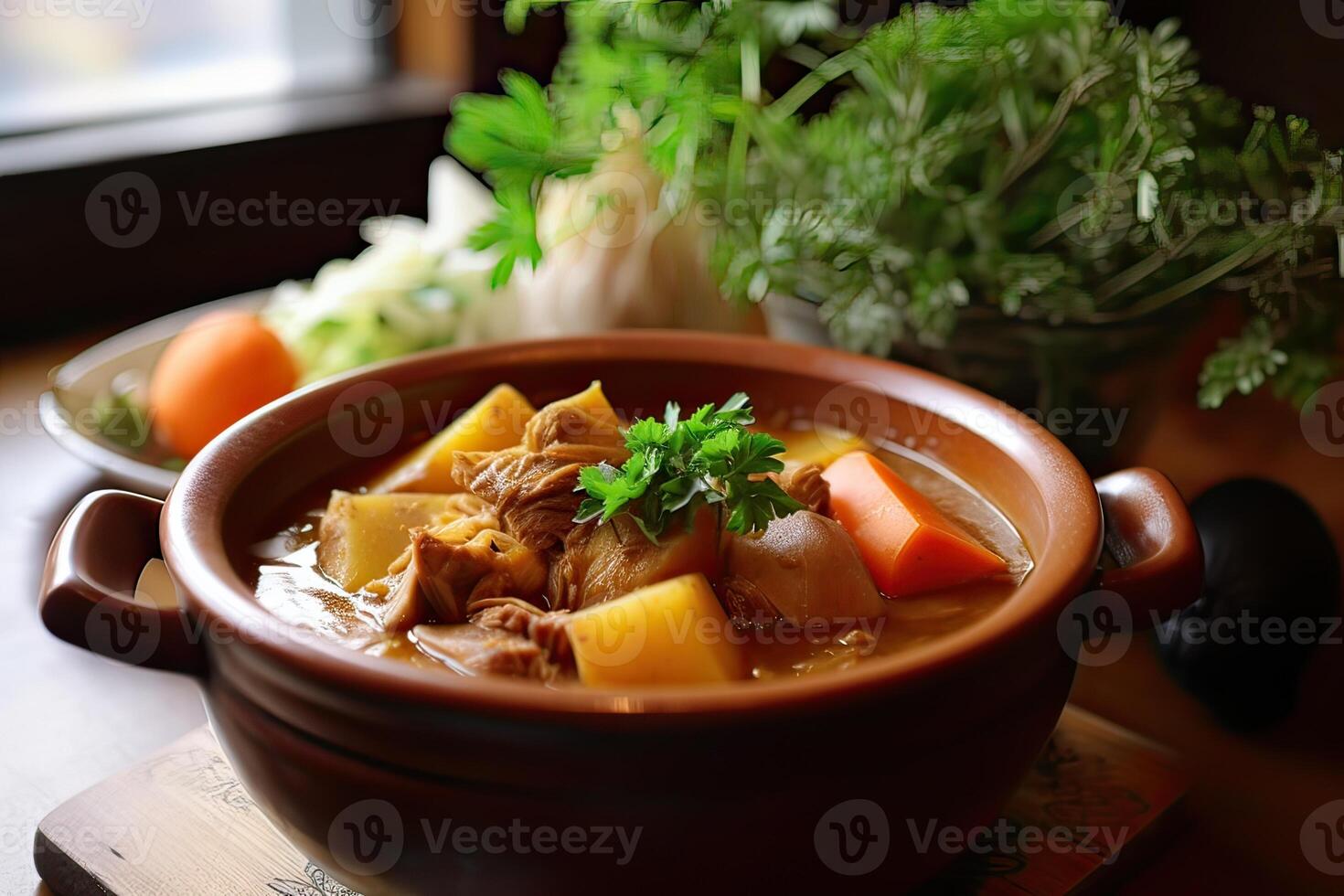 Japonais ordinaire curry riz patates, carottes, oignons et du boeuf dans épicé Jaune curry servi avec à la vapeur riz. génératif ai photo