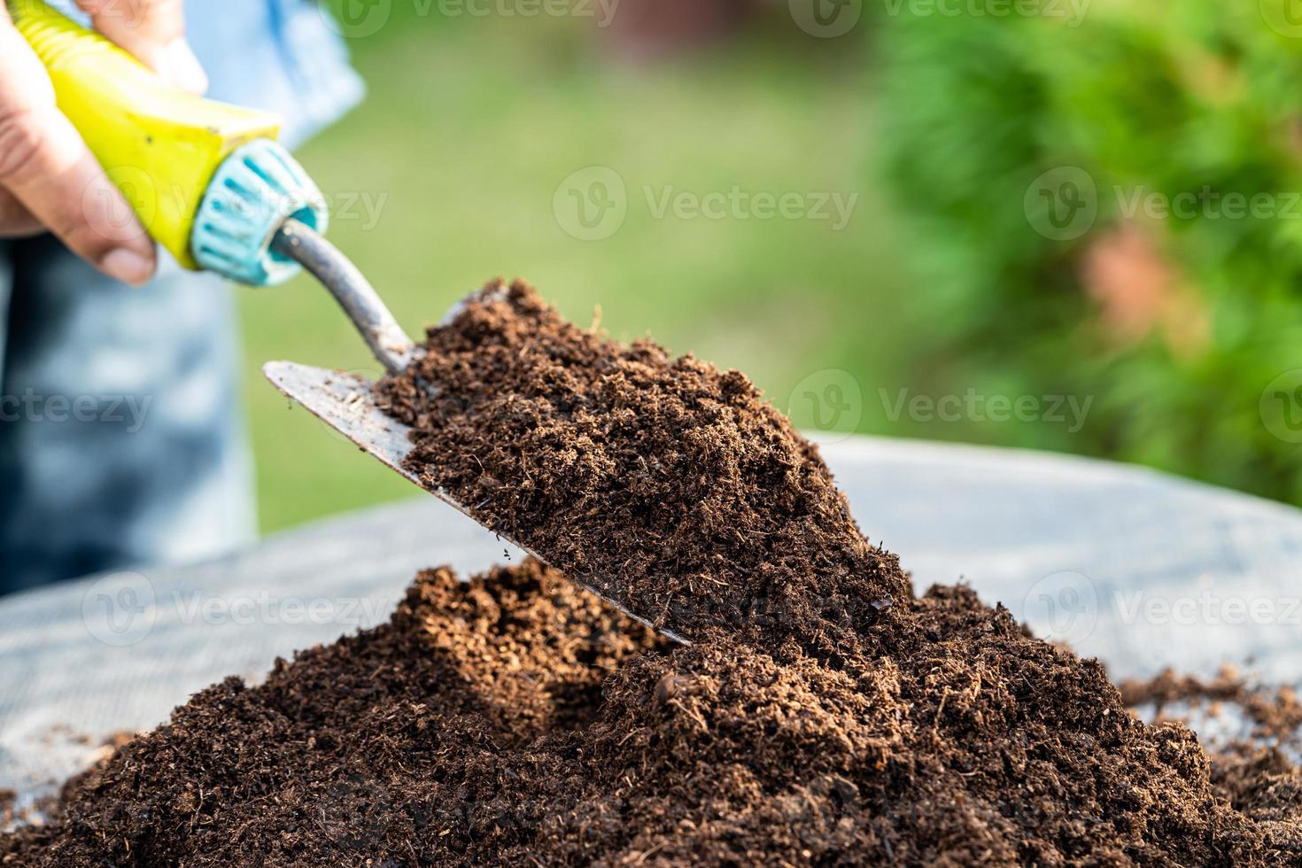 jardinier femme en portant tourbe mousse biologique matière améliorer sol pour agriculture biologique plante croissance, écologie concept. photo