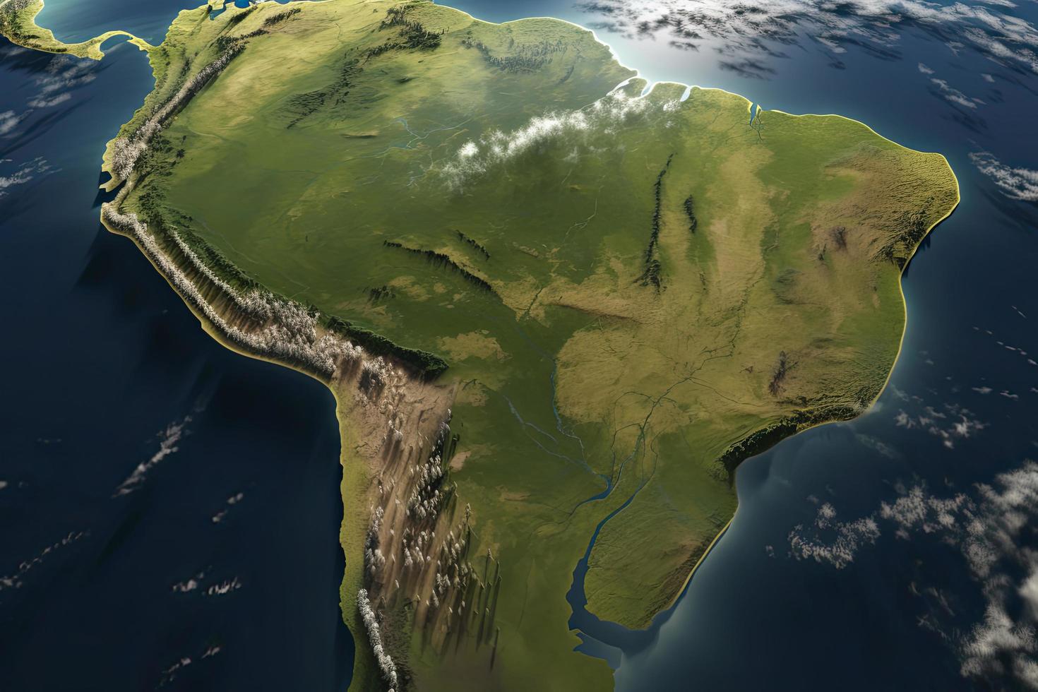 surface de le planète Terre vu de une Satellite, concentré sur Sud Amérique, andes cordillère et amazone forêt tropicale photo