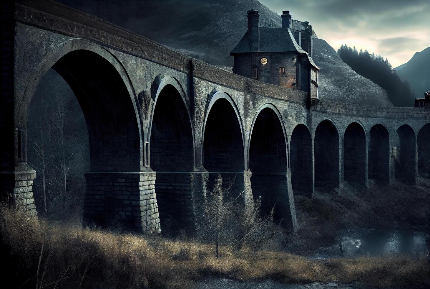 surréaliste sombre paysage avec pont. ai généré photo