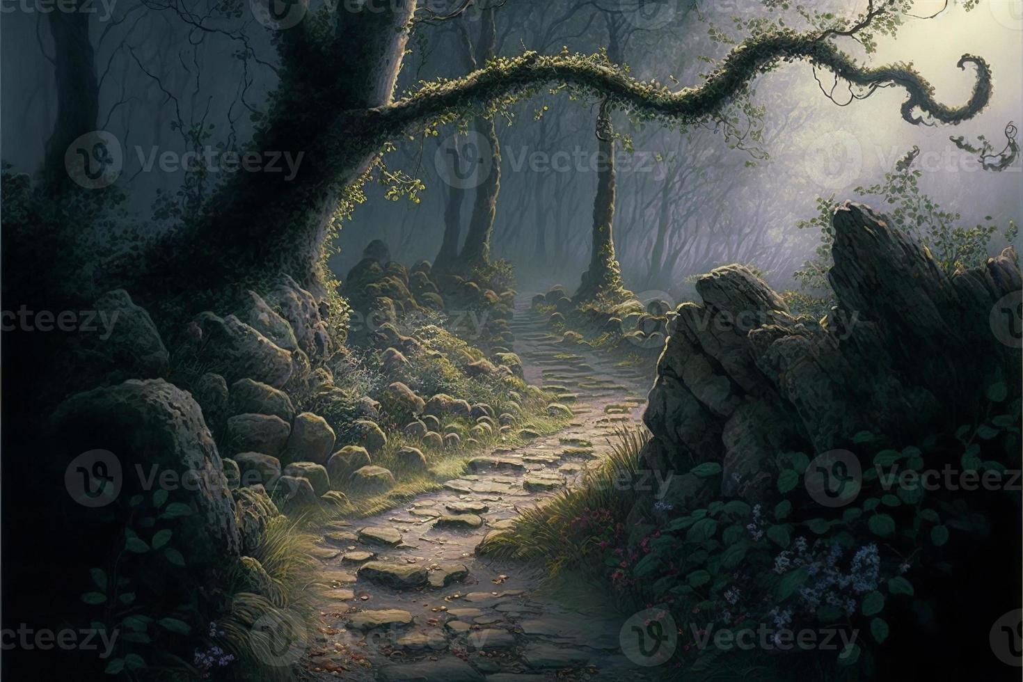 dense forêt avec pierre chemin, Soleil des rayons et brouillard. numérique illustration. ai photo