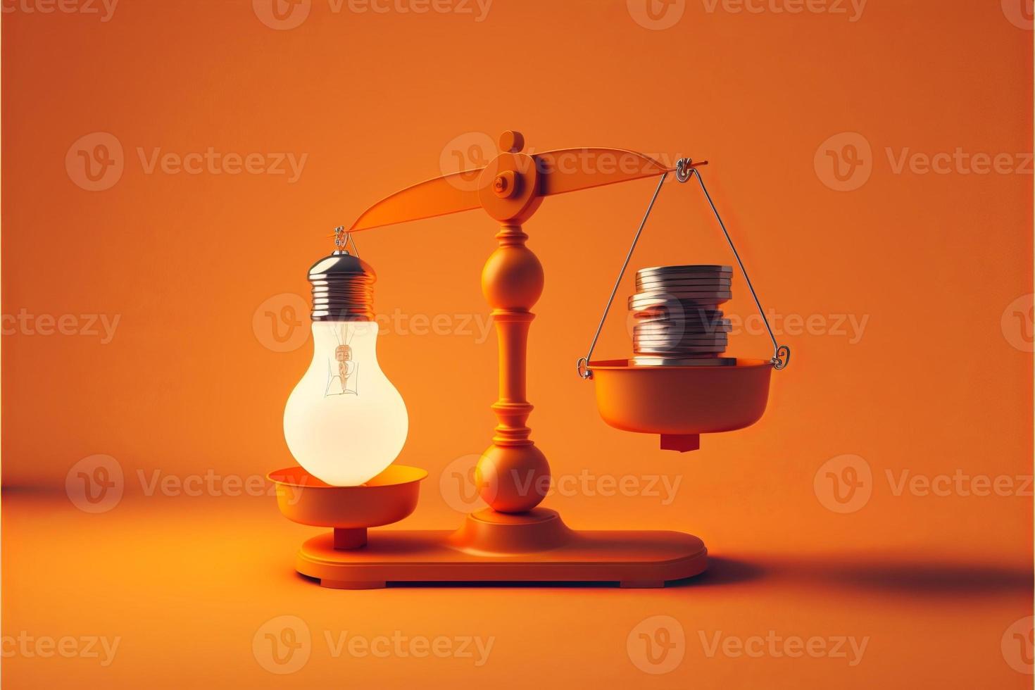 Balance avec lumière ampoule sur un côté et argent sur le autre, concept de des idées et innovation, Orange Contexte. numérique illustration. ai photo