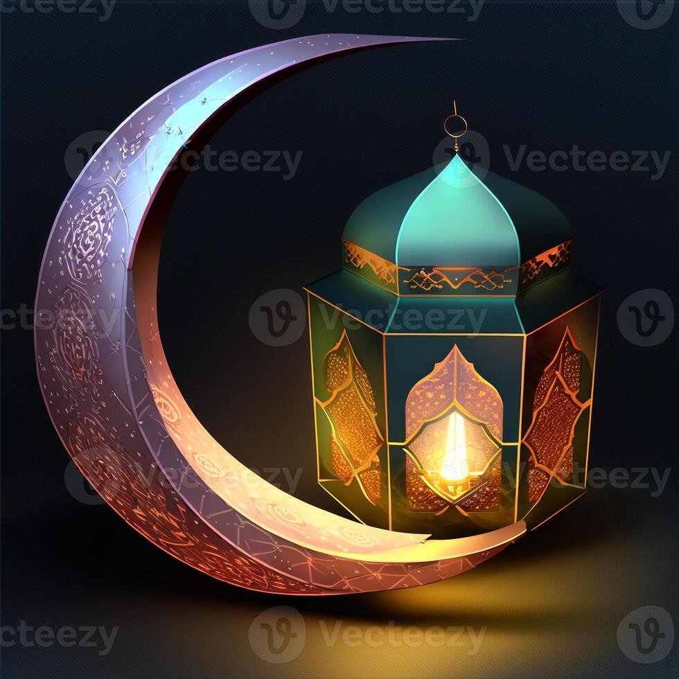 islamique Ramadan vacances bannière avec embrasé lanterne lune et mosquée fenêtre portail génératif ai photo