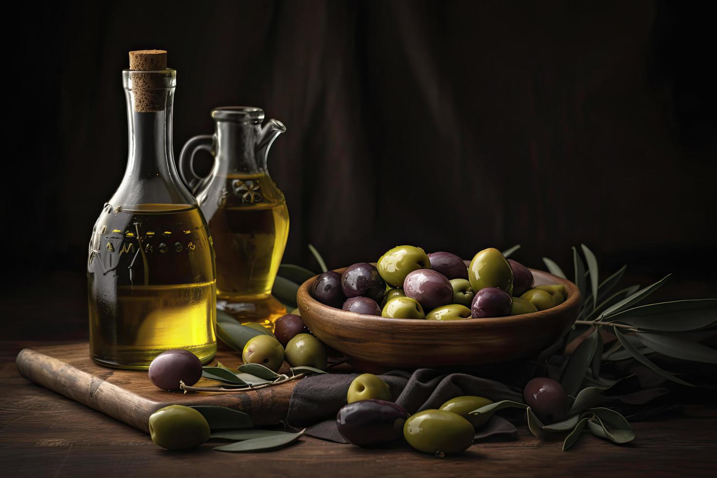 olive pétrole avec Frais Olives sur rustique bois proche en haut photo