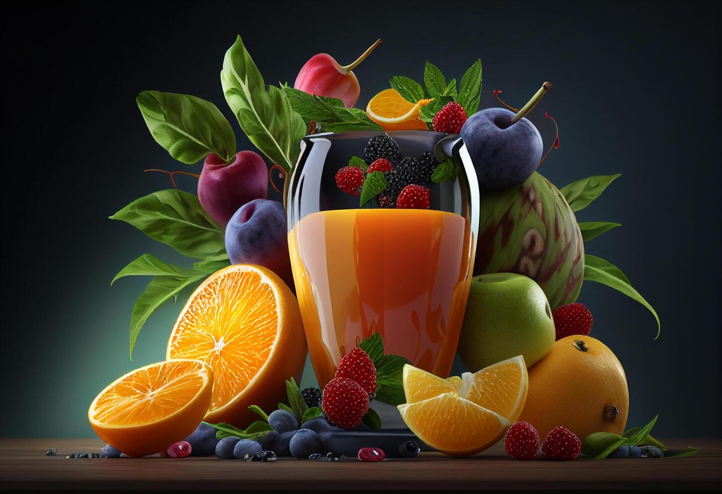 mélanger fruit jus dans une verre avec Frais des fruits génératif ai photo