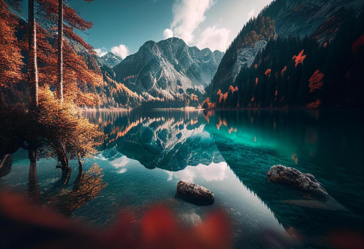 l'automne paysage avec Lac et montagnes dans le Contexte. Lac dans le montagnes. génératif ai photo