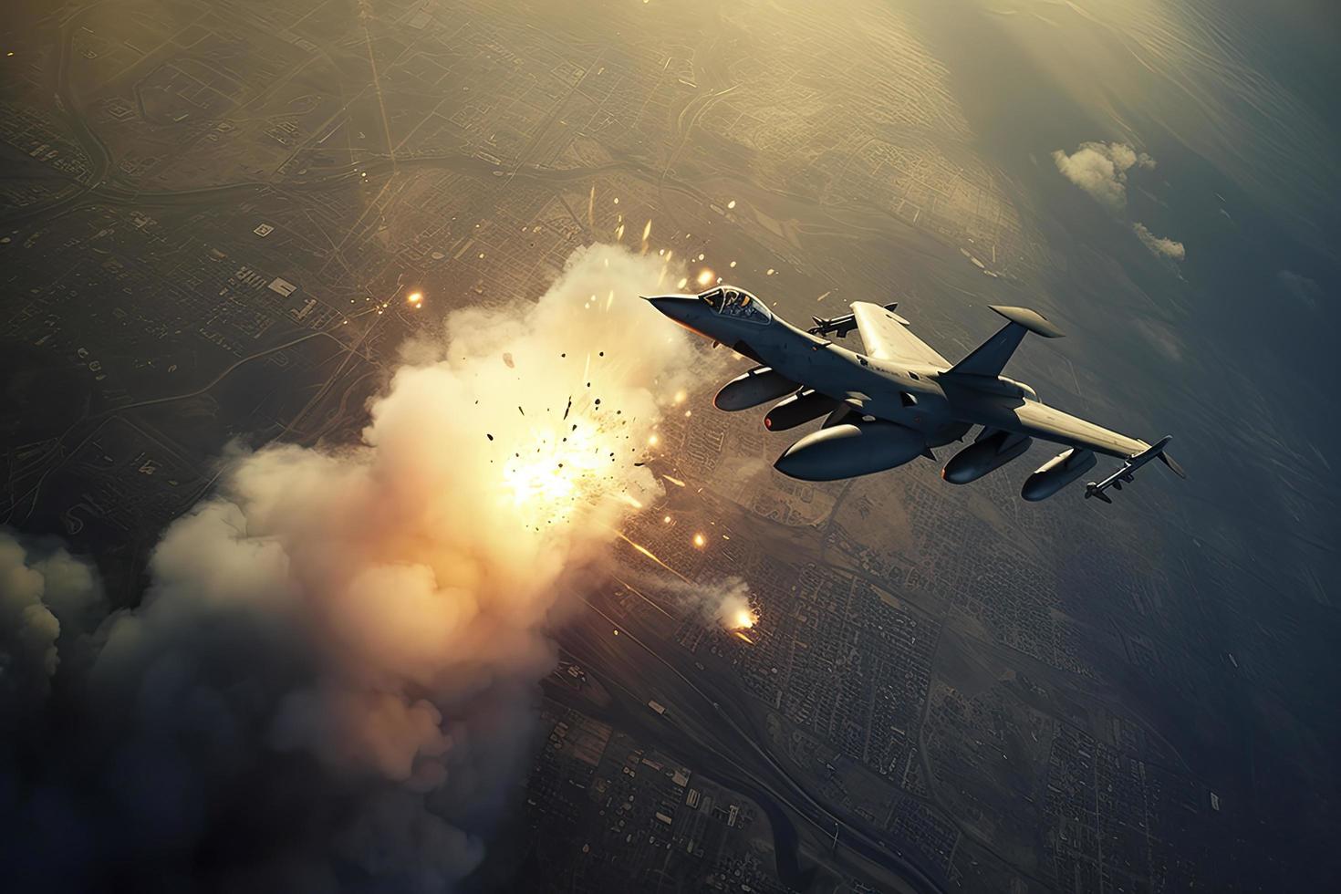 aérien haute vue de une générique militaire combattant jet des croix plus de une cible bombardement emplacement pendant une spécial opération photo