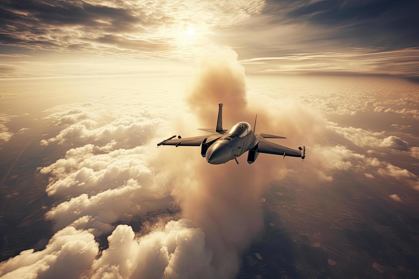 aérien haute vue de une générique militaire combattant jet des croix plus de une cible bombardement emplacement pendant une spécial opération photo