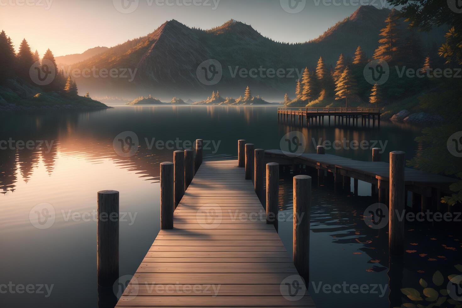 une en bois Dock avec une Montagne dans le Contexte ai généré photo