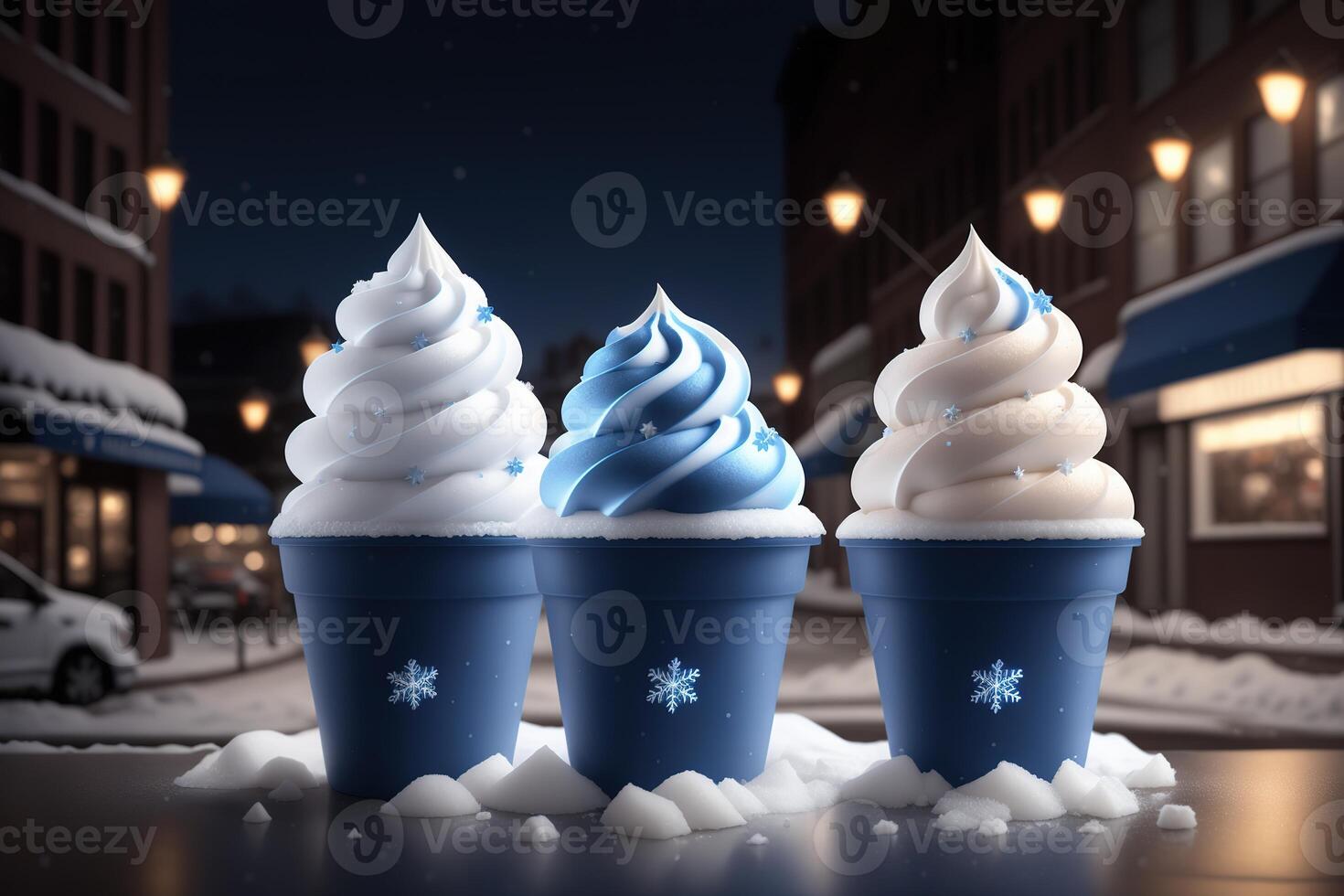 Chocolat vanille la glace crème cône les publicités avec la glace cubes et flocons de neige ai généré photo